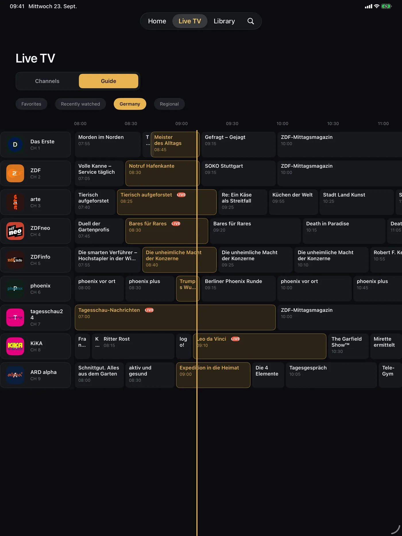The programme guide on iPad with German public channels