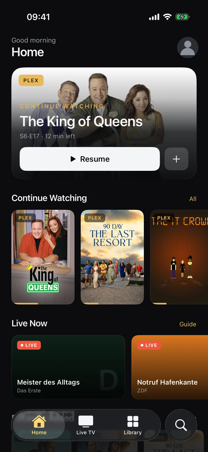 Interlace Home on iPhone: Continue Watching from Plex above the channels on air right now
