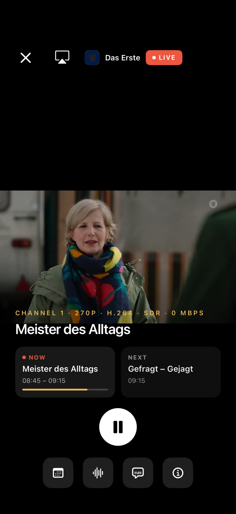 A live channel playing on iPhone with the player controls